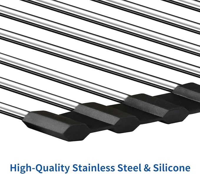 Triangle Dish Drying Rack for Sink Corner, 18/8 Stainless Steel with Thickened Silicone Edge, Roll-Up Space Saving Sink Caddy, Non-Slip Sponge Holder & Drainer Mat for Kitchen Counter