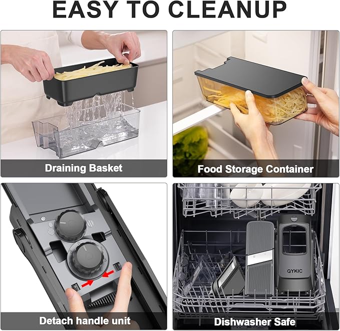 8 in 1 Mandoline Slicer for Kitchen, Vegetable Chopper, Potato Slicer, Fry Cutter Onion Chopper with Drain Basket Food Container with Lid, Stainless Steel Cheese Grater for Quick Meal Pre (Black)