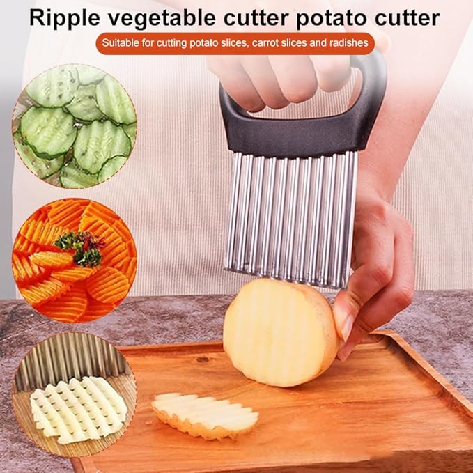 Crinkle Cutter, Stainless Steel French Fry Cutter For Potatoes Cucumbers Carrot, Ergonomic Kitchen Tool Wavy Chopper Waffle Fry Cutter With Handle for Fruits,Vegetables,Salads(Silver+Black)
