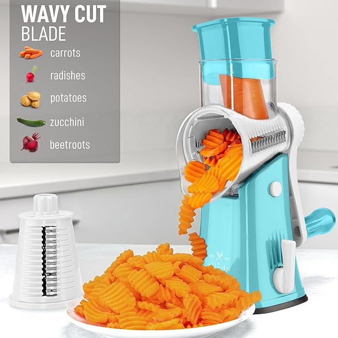 Zulay Kitchen Rotary Cheese Grater 5 Blade Cheese Shredder - Manual Hand Crank Cheese Grater With Reinforced Suction & 5 Interchangeable Drums