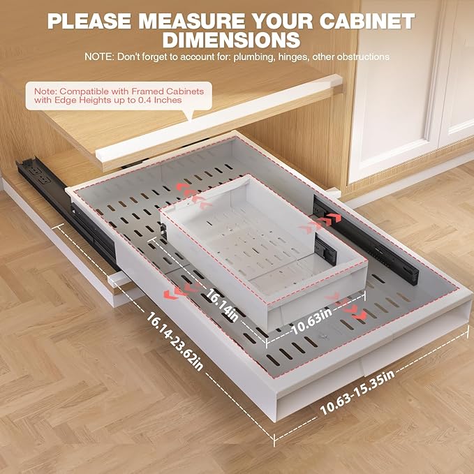 Seinloes Pull Out Cabinet Organizer, 4-Side Expandable to Fit Most Cabinets, 3 Rail Slide Out Drawers with Raising Pad for Framed & Frameless Cabinets, 11"-16" W x 17"-24" D, White, 2 Pack