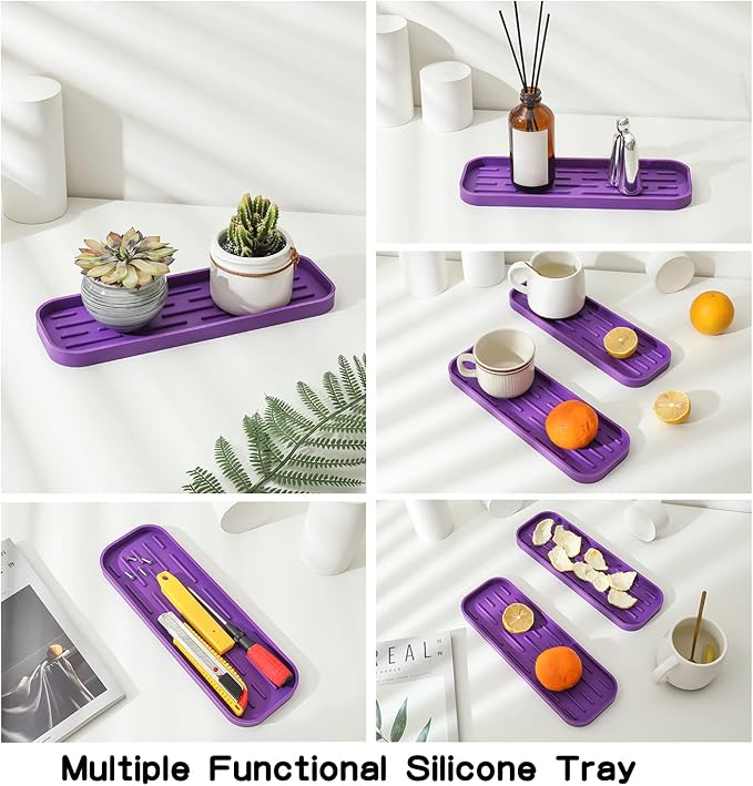 MicoYang Silicone Kitchen Sink Organizer Tray for Multiple Usage,Eco-Friendly Sponges Holder for Kitchen Bathroom Counter or Sink,Dish Soap Dispenser,Scrubber,Bottle,Cup (Purple, 12"×4")