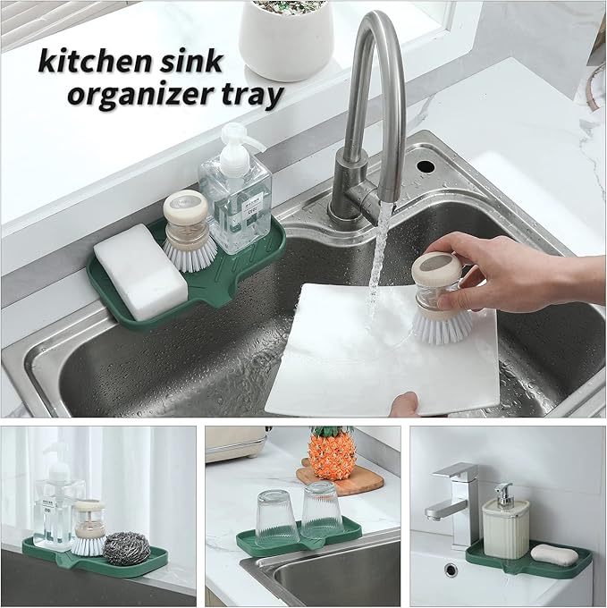 MicoYang Silicone Bathroom Soap Dishes with Drain Spout-Bathroom and Kitchen Sink Organizer,Sponge Holder,Dish Soap Tray,Perfect for Dispenser,Scrubber,Bottle,Cup on Sink or Counter-Green 9.6"×5.3"