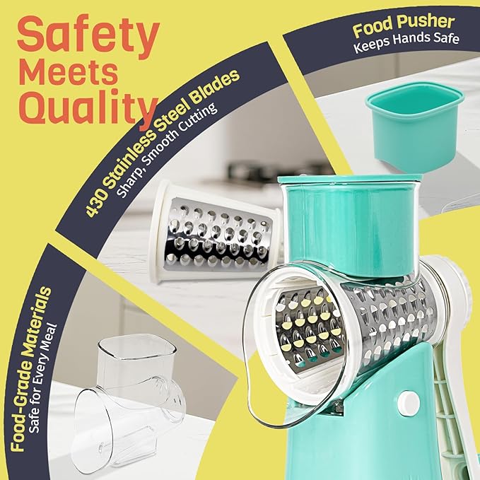 5-in-1 Rotary Cheese Grater Hand Crank, Vegetable Slicer Shredder with 5 Interchangeable Blades, Graters for Kitchen, Safe Kitchen Tool for Cheese, Nuts, Blue