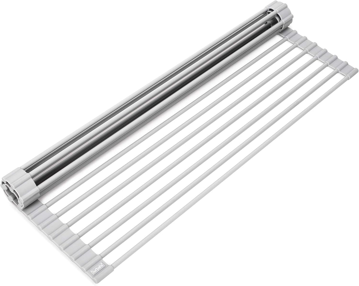20.5 x 13.1 Inch Roll-Up Dish Drying Rack, Fits Across Sink Openings up to 19.5 Inches, Silicone-Covered Surface, Stainless Steel Core, Warm Gray
