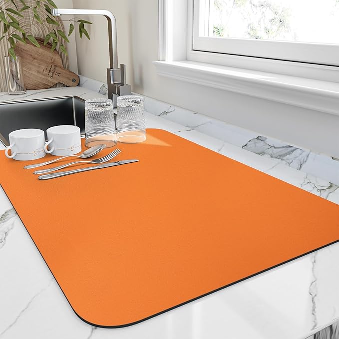 HotLive Dish Drying Mat for Kitchen Counter, Heat Resistant Drainer Mats with Non-slip Rubber Backed, Hide Stain Kitchen Super Absorbent Draining Mat, Easy to Clean Dish Rack Pad, Orange 18"x28"