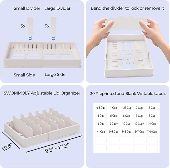 SWOMMOLY Expandable Food Storage Container Lid Organizer, Includes 6 Adjustable Dividers, 30 Preprinted and Blank Writable Labels, White