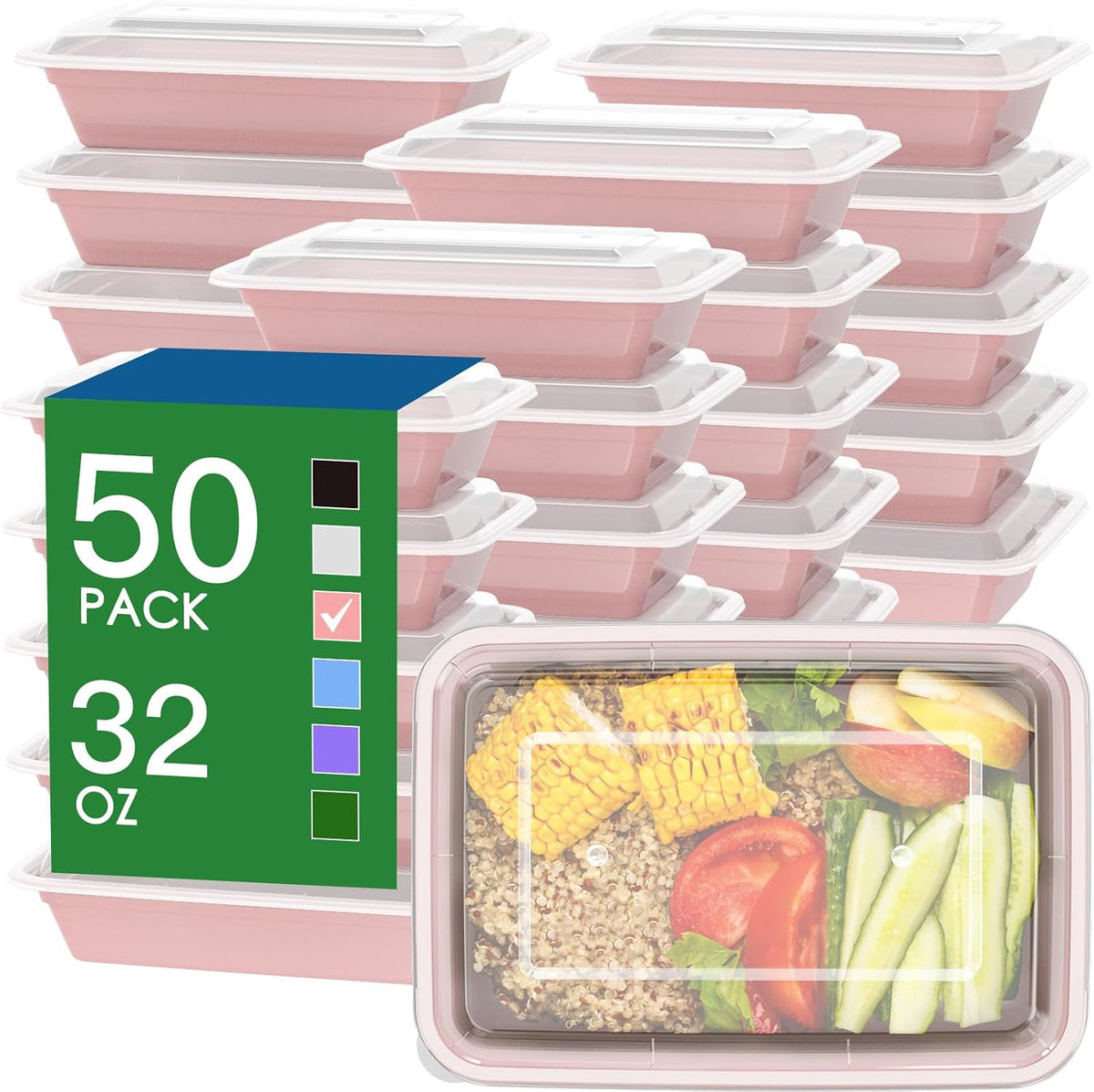 50 Pack (100-Piece) 32 oz Meal Prep Containers with Easy Open Lids, Pink