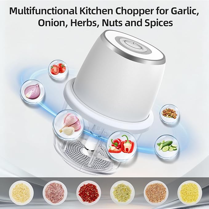 Electric Mini Garlic Chopper, Mini Food Chopper & 350ml Portable Cordless USB Rechargeable Garlic Chopper, Best Mini Chopper for Onion, Herb, Nut, Easy to Clean Glass Container （Witer)