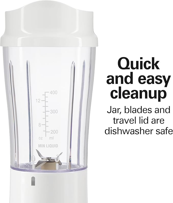 Hamilton Beach Portable Blender for Shakes and Smoothies, 14 Oz BPA Free Travel Cup & Lid, Durable Stainless Steel Blades, Personal Smoothie Blender, White ( 51101V)