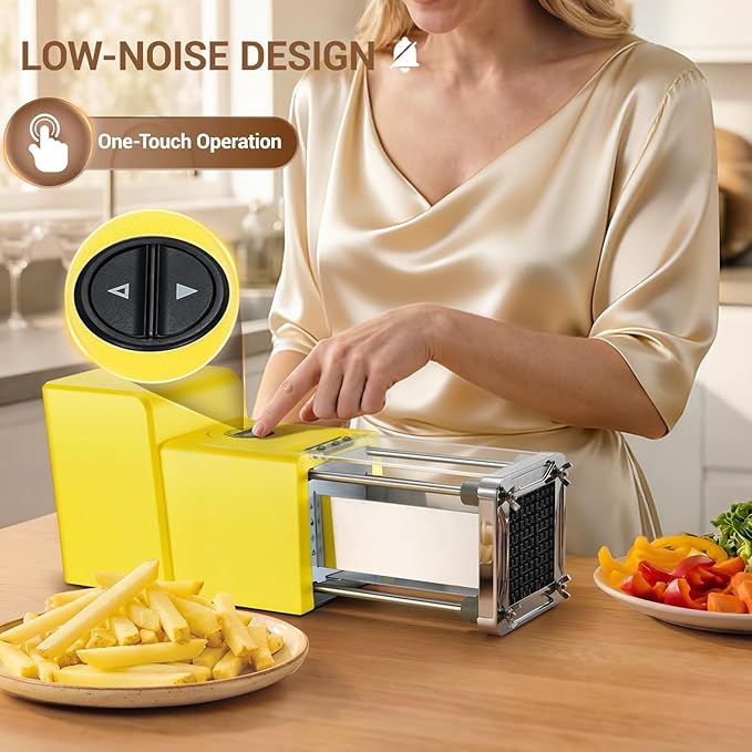 Sopito French Fry Cutter Electric Potato Cutter Stainless Steel with 3 Blades 1/4 3/8 1/2 Inch Blades for Potatoes, Carrots, Cucumbers & Onions, yellow