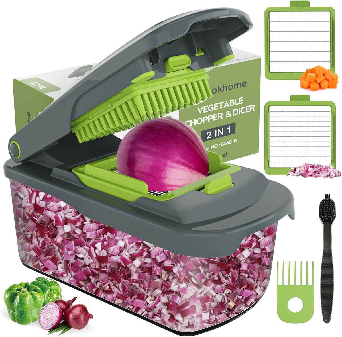 Vegetable Chopper Cutter with Container, Manual Hand Food Veggie Dicer with 2 Chopping Blades for Potato Strips, Onion Cubers, Carrot Sticks, Essential Kitchen Gadgets (2 in 1, Gray)