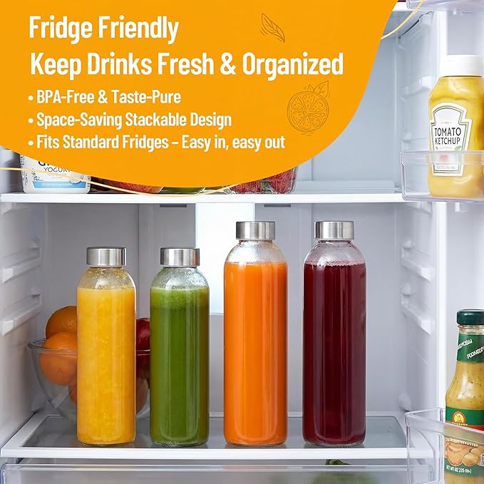 Luxfuel Clear Glass Bottles with Lids 18 oz, Reusable Glass Water Bottles with Stainless Steel Cap for Refrigerator, Juicing, 100% Leak Proof, BPA Free, Juice Bottle Drinking Jar Containers Set of 3