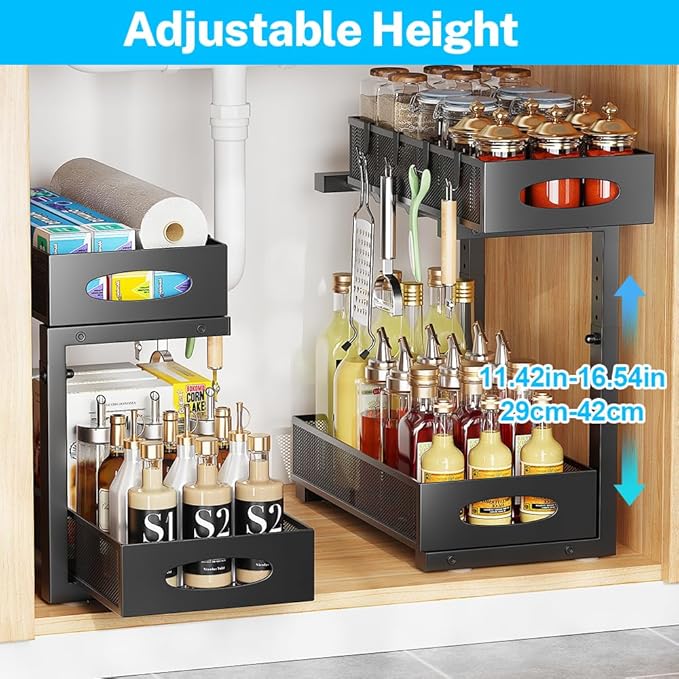 Under Sink Pull Out Organizer, 5-Level Adjustable Height to Fit U/L Shape Plumbing Pipes, Carbon Steel 2-Tier Storage Rack for Kitchen Bathroom Cabinet, Black