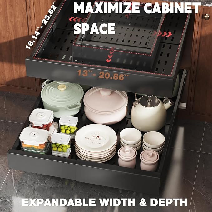 Seinloes Pull Out Cabinet Organizer,4-Side Expandable to Maximize Cabinet Space,Slide Out Drawers with 3 Rail Design,Roll Out Shelf with Raising Pad for Framed Cabinet,13"-21"W x 17"-24"D,Black,2 Pack
