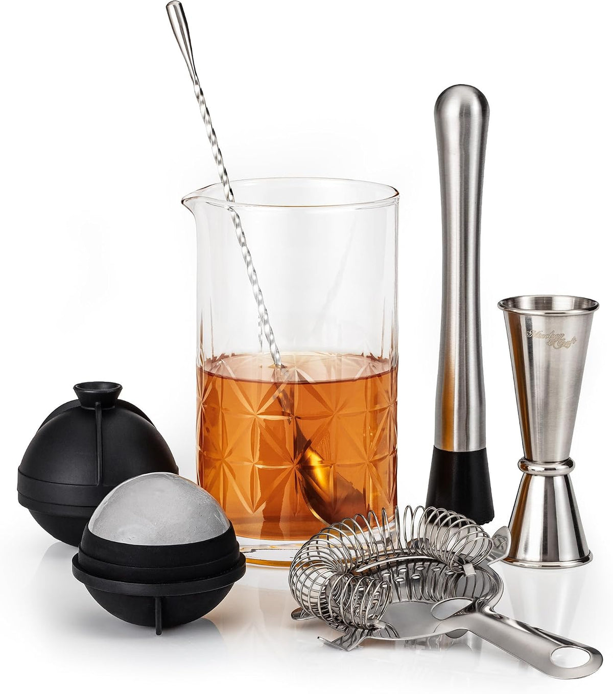 Commercial Grade Bar Mixing Glass – Includes 24oz Crystal Stirring Glass, Japanese Jigger, Bar Spoon, Muddler, and Hawthorne Strainer for Crafting Old Fashioned Cocktails at Home Bars
