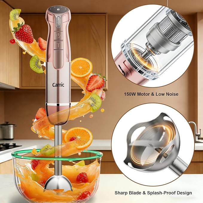 Camic Hand Blender, Cordless Immersion Blender with 6 Speeds, 4 in 1 Portable Mixer Electric Handheld Mixer with Blender, Chopper, Whisk, Frother for Soup, Smoothies, Baby Food and Puree (Champagne)