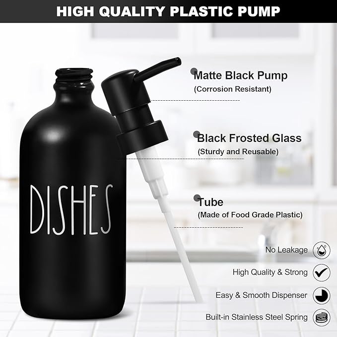 Dish Soap Dispenser for Kitchen, Glass Dish Soap Dispenser with Sponge Holder, Black Dispenser Set with Tray, 3 in 1 Countertop Sink Organizer, Farmhouse Kitchen Decor