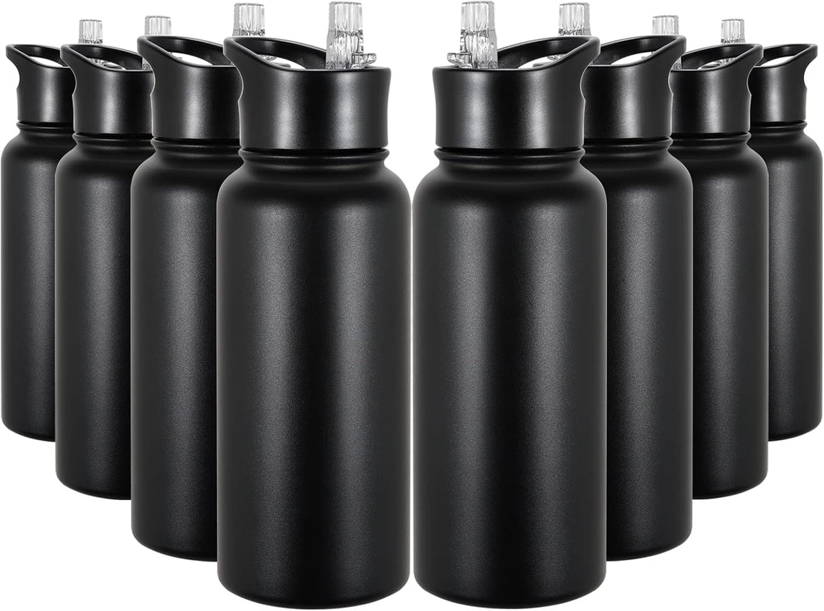 32 oz Insulated Water Bottle Bulk 8 Pack, Stainless Steel Sports Water Bottles with Straw Lid & Wide Mouth Lids, Double Walled Vacuum, Leak Proof, Black
