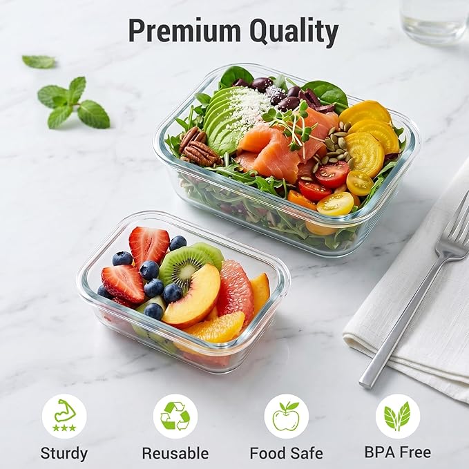 Dealusy 10 Sets (20-Piece) Glass Meal Prep Containers with Lids, Five 36 oz & Five 12 oz Airtight Leak-proof Glass Food Storage Containers with lids, Microwave Oven Freezer Dishwasher Safe, Purple