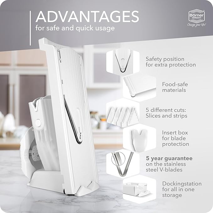 Mandoline Food Slicer Börner V3 (Profi Set) by Reston Lloyd • V-Slicer with 4 Inserts, Docking Station & Food Holder • Made in Germany • Fruit & Vegetable Chopper • Multiple Settings • Color: White