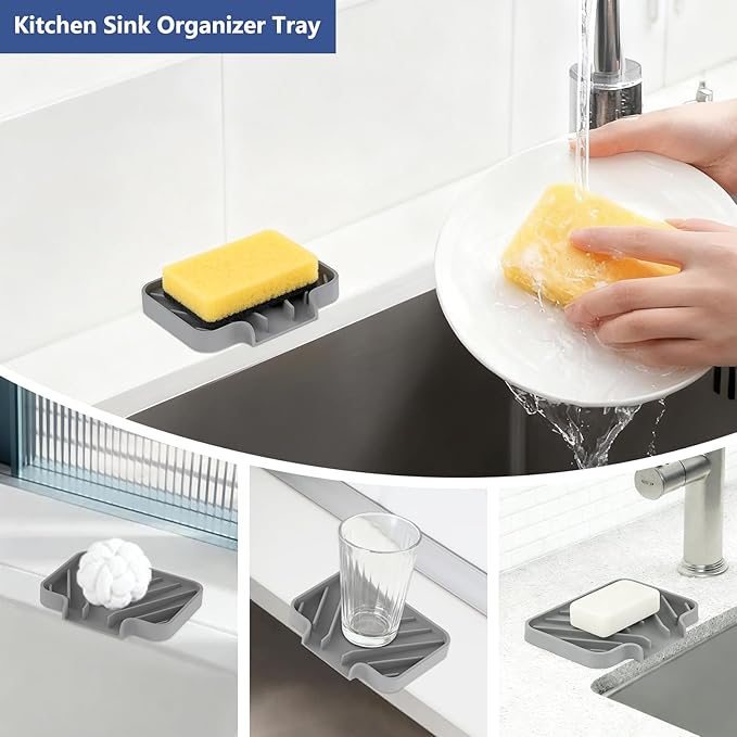 JACZZO Silicone Soap Dish for Shower and Bathroom - Small Bar Soap Holder with Self Draining Spout - Non-Slip Sink Tray Organizer for Kitchen Counter and Narrow Ledge, Gray (3.5" x 5")