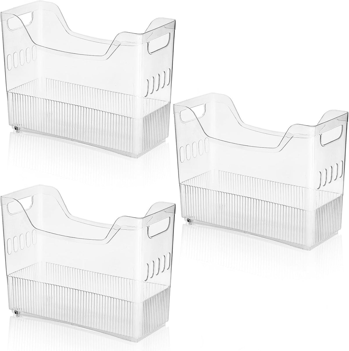 3 Pack Freezer Organizer Bins with Wheels, Clear Plastic Pantry Storage Organizer with Handle, Tall Narrow Kitchen Organization Rolling Bins for Fridge, Cabinet, Bathroom, Under Sink, Office