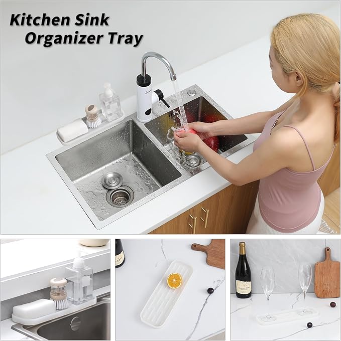 MicoYang Silicone Kitchen Sink Organizer Tray for Multiple Usage,Easy Clean Sponges Holder for Kitchen Bathroom Counter or Sink,Dish Soap Dispenser,Scrubber,Bottle,Cup Translucent 12" x 4”