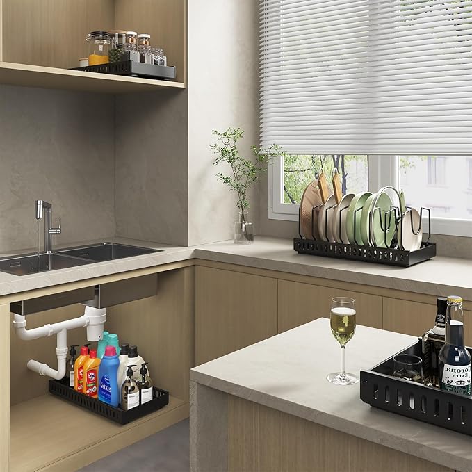 Pots and Pans Organizer Under Cabinet, Pull Out Pots and Pans Organizer, Under Cabinet Pot Lid Holder, Sliding type Pots and Pans Storage for Pot Lid, Bakeware, Dishes, 10 Adjustable Dividers