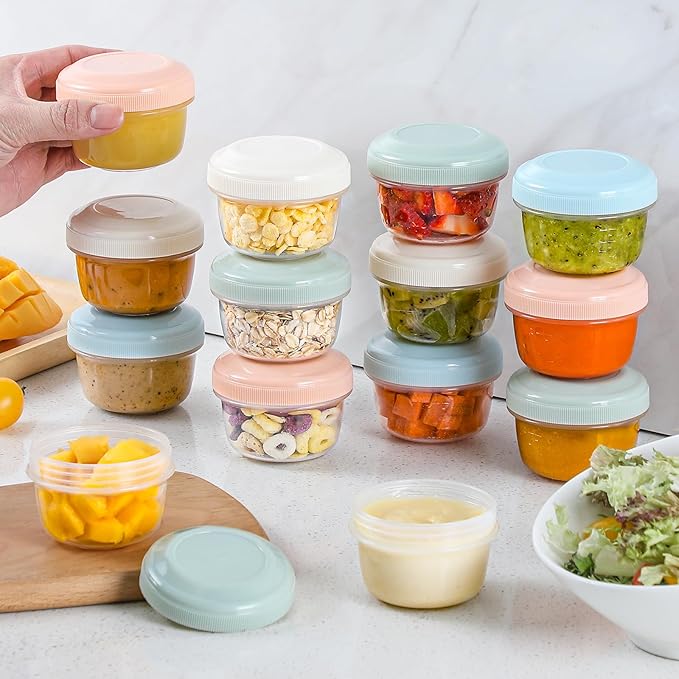VITEVER [12 Pack] 4 oz Small Containers with Lids, Reusable Plastic Jars for Snack and Puree, Salad Dressing Container to Go, Deli Containers, Condiment Containers, Dishwasher Safe, BPA Free
