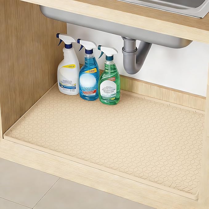 TRZZ Silicone Waterproof Under Sink Mat 34" x 22", Drip Tray and Cabinet Liner for Kitchen and Bathroom, Prevents Water Damage and Organizes Cabinets (Beige)