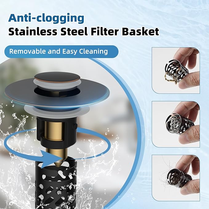 iFealClear All Metal Bathroom Sink Stopper, Pop Up Sink Drain Strainer with Removable Stainless Steel Filter Basket, Universal for 1.1"-2.36" Sink, Brass Bounce Core, Hair Catcher, Oil Rubbed Bronze