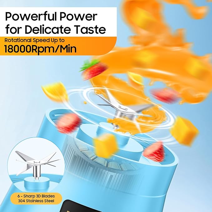 Cordless Portable Personal Size Blender - USB Rechargeable Blender for Smoothies and Shakes, 6 Blades with 380Ml BPA Free Juice Cup, Freshly Squeezed for Picnic/Sports