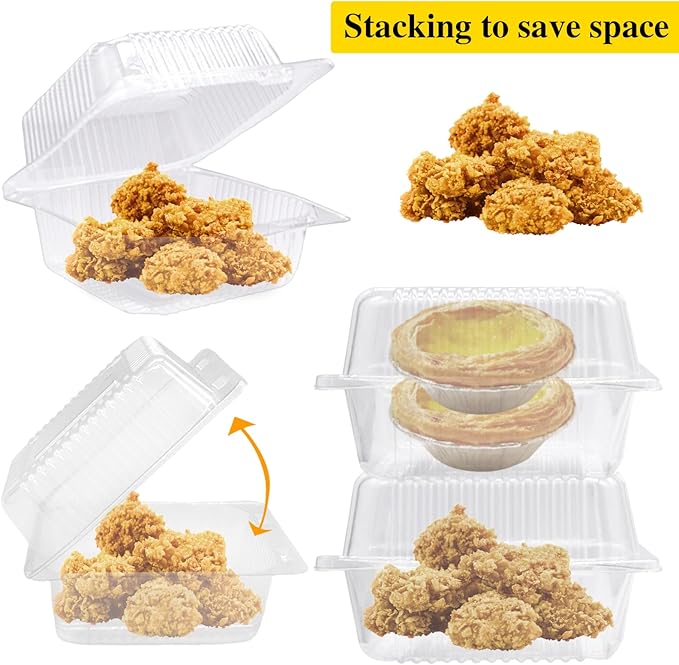 100 Pcs Clear Hinged Plastic Containers with Lids,Individual Cake Slice Containers,Square Plastic Food Container,Disposable Clamshell Take Out Containers for Cakes,Cookies,Pasta,Sandwiches,Salad