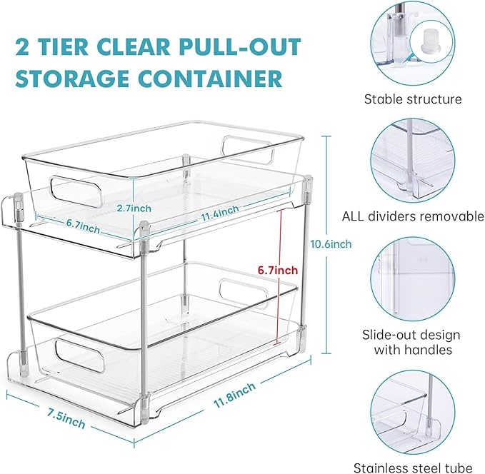 4 Pack Clear Bathroom Organizers and Storage, 2 Tier Pull Out Under Sink Cabinet Organizer Plastic Drawer Organization and Storage for Bathroom and Kitchen