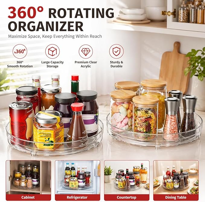 2 Pack Lazy Susan Organizer, Rotating Spice Rack Turntable for Kitchen Cabinet Pantry, Clear Storage Tray for Refrigerator Countertop Bathroom Organizer