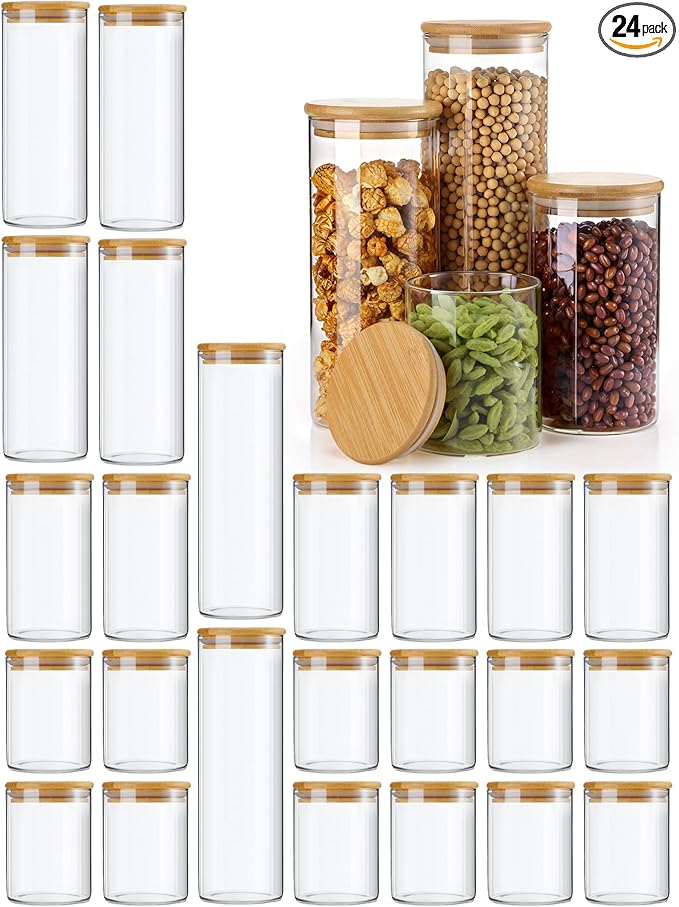 Qinyoung Glass Storage Jars with Wooden Lids, 4 Sizes Food Storage Containers Clear Stackable Canisters Airtight Glass Jars for Candy Cookie (Clear, Light Brown, 15oz 25oz 34oz 42oz, 24 Pcs)