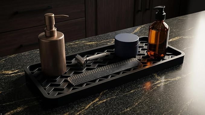 Silicone Sink Organizer Tray, Rectangular, Modern Style, Heat Safe, Dishwasher Safe, for Bathroom and Kitchen Organization (Black, 12"x4", Chevron Pattern)