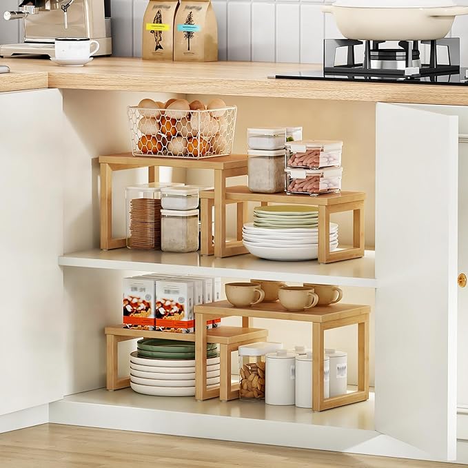 HOOBRO Cabinet Organizer Shelf, Set of 2 Kitchen Counter Shelves, Expandable Kitchen Storage, Stackable Bamboo Spice Rack, for Kitchen, Countertop, Office Desk, Living Room, Natural YL20TL01