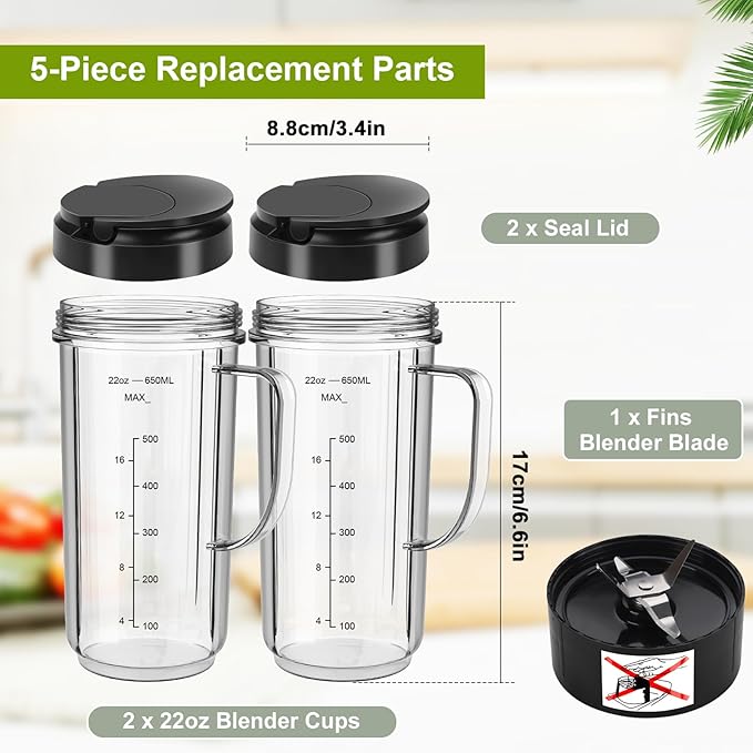 UBYNID 2 Pack Magic Bullet Blender Cups, Tall 22oz Cup with Flip Top To-Go Lid & 4 Fins Cross Blade Blender Replacement Parts, Replacement Cup Mug with Handle Compatible with Magic Bullet 250w MB1001