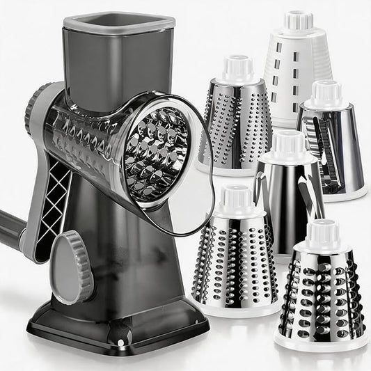 KEOUKE Rotary Cheese Grater Pro 6 in 1 - Shredder Crinkle Slicer Grinder Ice Shaver, Stable Suction, Time-saving Easy Use & Clean, Safe Morden Kitchen Tool for Cheese, Vegetable, Nuts, Chocolate