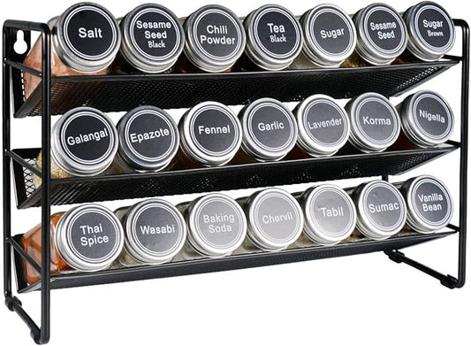 3 Tier Spice Rack Organizer with 48pcs Labels and Chalk Marker, Seasoning Organizer Shelf for Countertop, Kitchen Cabinet or Wall Mount, Black (Spice Jars are NOT Included)