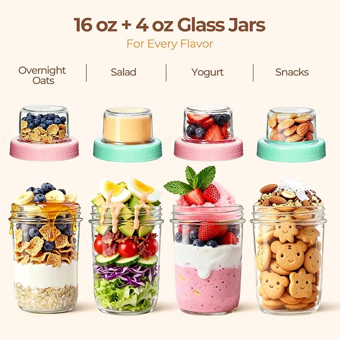 ComSaf Overnight Oats Containers with Lids (16oz+4oz, 2Pcs), Dual-Laryer Chia Pudding Jars with Dry and Wet Separation, Yogurt Parfait Cups for Oatmeal Cereal Nut Fruit, Meal Prep Glass Jars for Salad