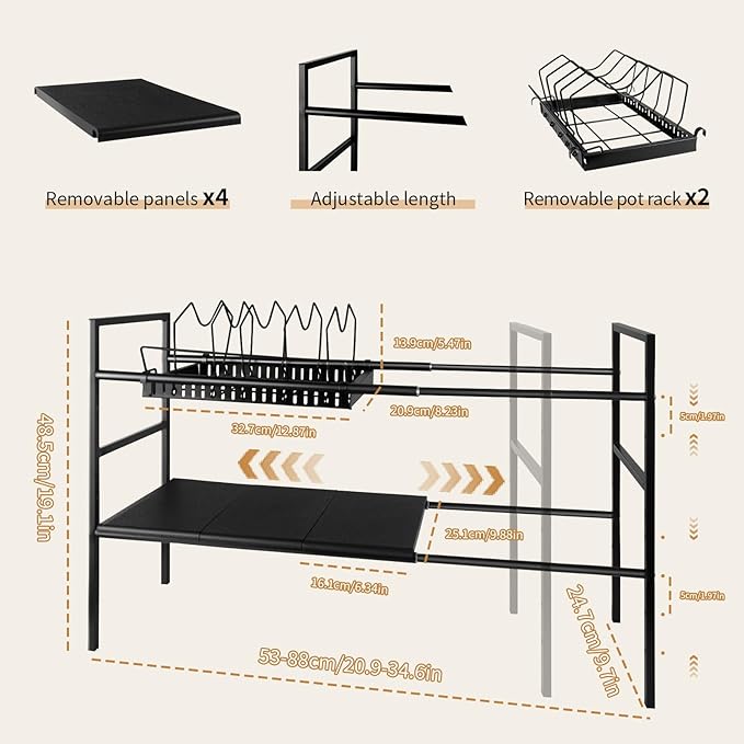 Pots and Pans Organizer Under Cabinet, Expandable Pots Organizers Inside Cabinet, Adjustable Height Under Sink Shelf 2 Tier with 10 Dividers Under Cabinet Shelf, Pot and Pan Lid Holder Rack (Black)