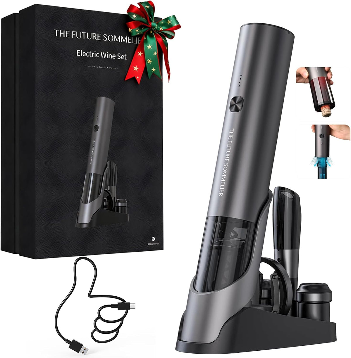 Rechargeable Electric Wine Bottle Opener Set 7-in-1 Aluminum Alloy Wine Gift Set with 2-in-1 Electric Corkscrew & Vacuum Pump, Foil Cutter, Wine Pourer, Charging Base and 2 Wine Stoppers