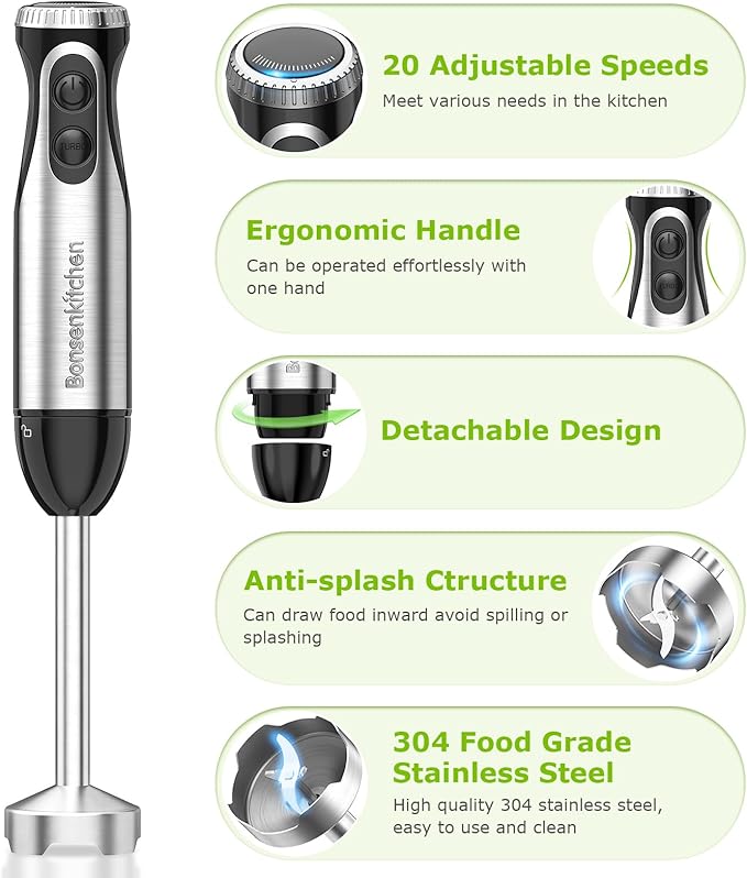Bonsenkitchen Immersion Handheld Blender with Whisk, 20-Speed & Turbo Mode Hand Blender Stick 500W, 304 Stainless Steel Hand Blender for Soup, Smoothie, Puree, Baby Food