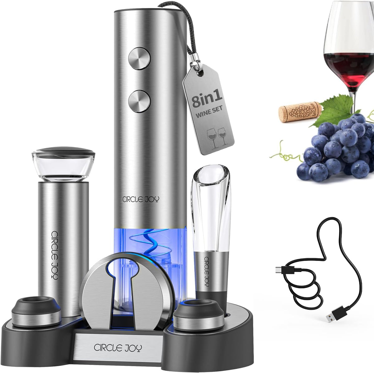 Electric Wine Bottle Opener Set Stainless Steel Rechargeable Wine Opener 8-in-1 Wine Gift Set with Charging base, Foil Cutter, Wine Aerator Pourer, Vacuum Pump & 2 Wine Stoppers, Silver