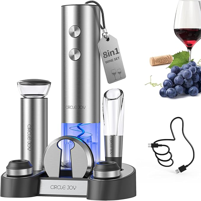 CIRCLE JOY Electric Wine Bottle Opener Set Stainless Steel Rechargeable Wine Opener 8-in-1 Wine Gift Set with Charging base, Foil Cutter, Wine Aerator Pourer, Vacuum Pump & 2 Wine Stoppers, Silver