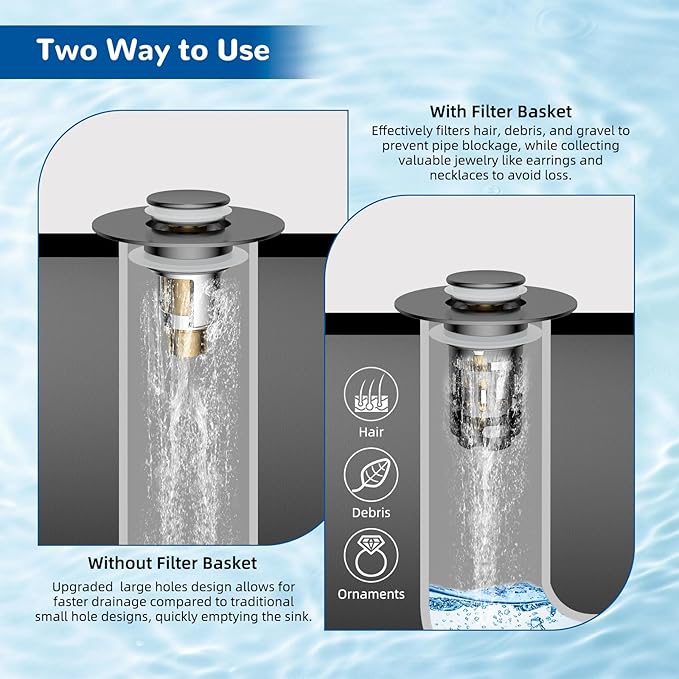 Hibbent 2 Pack 3 in 1 Bathroom Sink Drain Strainer, Universal Pop Up Stopper with Removable Stainless Steel Filter Basket Hair Catcher, Sink Plug for 1.1''~2.36'' Basin, Brass Bullet Core, Grey