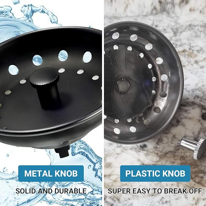KONE Black Sink Basket Strainer Drain Stopper, 2 Pack Stainless Steel Matte Black Kitchen Sink Strainer Fit for Universal 3-1/2 inch Kitchen Sink, Metal Center Knob with Anti-Clog Rubber Sink Stopper